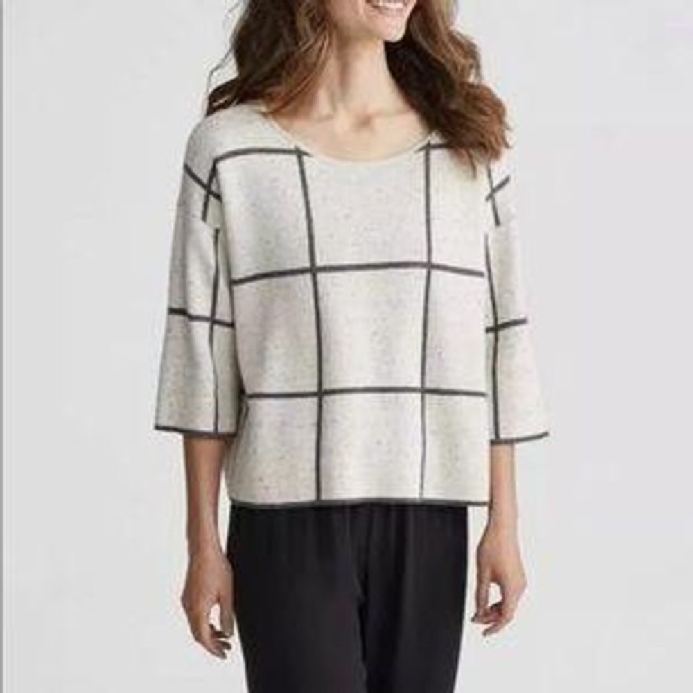 Eileen Fisher Boxy Sweater‎ Wool Blend Grid Pattern 3/4 Sleeve XS